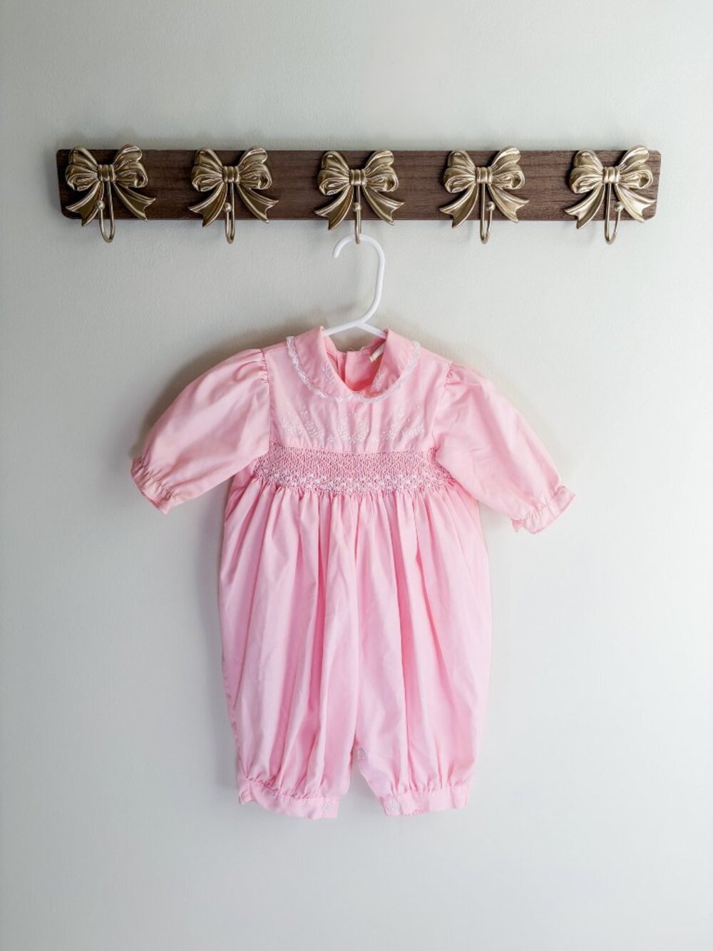 Size 3-6 month Pink Baby Footed Romper Smocked Front Embroidered Collar